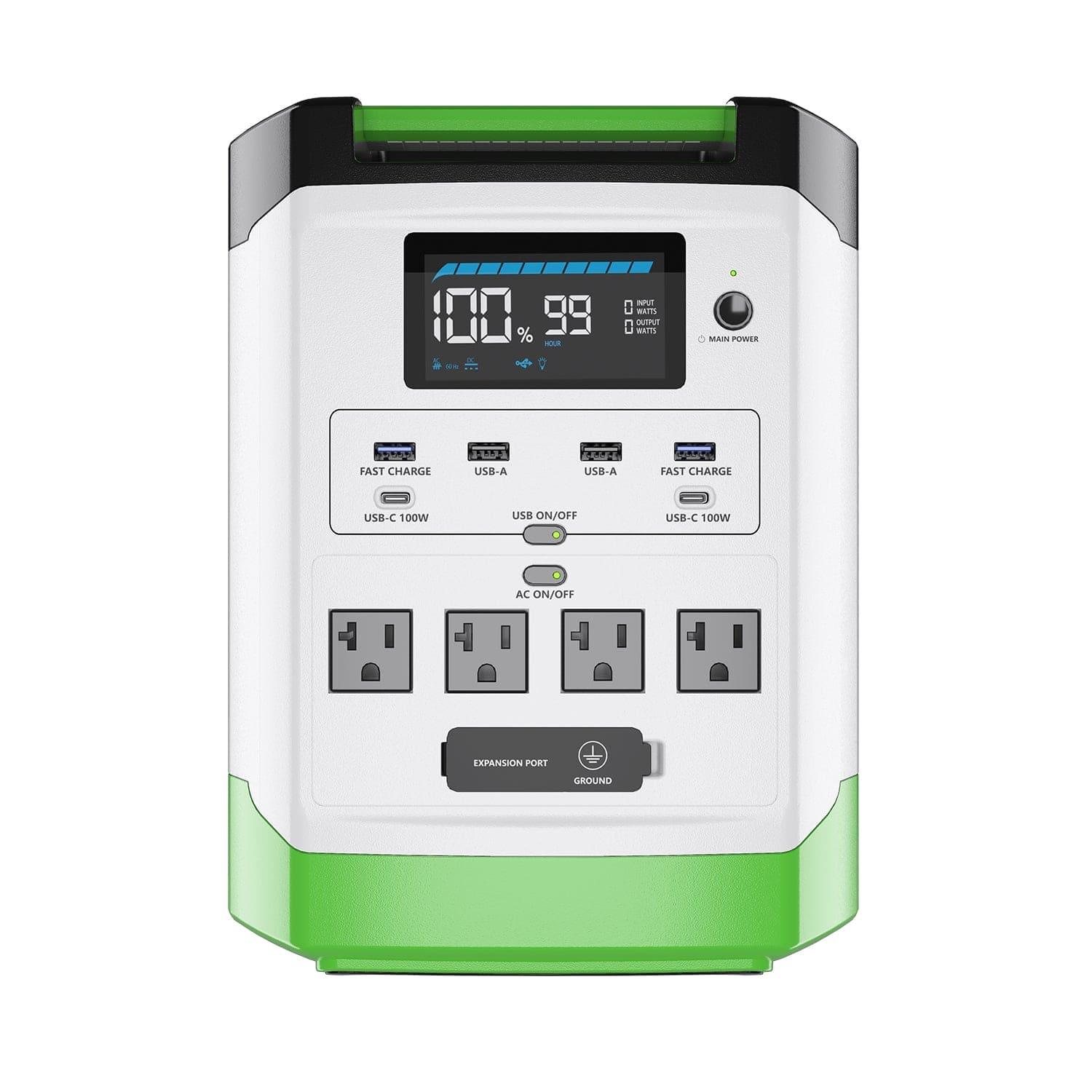 The Nature's Generator portable power station features a LiFePO4 battery, digital display, six USB ports, four AC outlets, an expansion port, grounding terminal, and clearly labeled buttons with distinctive green accents on the top and bottom.