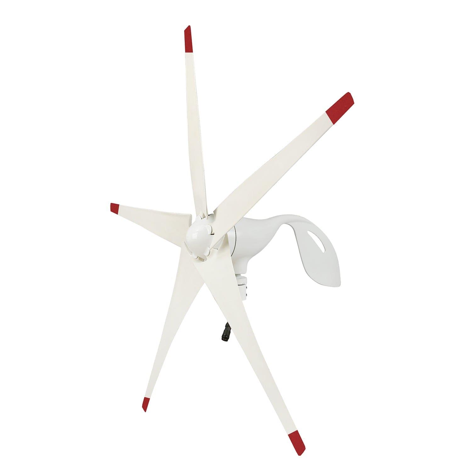 A white Nature's Generator wind turbine with five red-tipped blades and a curved bracket is set against a plain background—perfect for eco-friendly home battery backup systems.