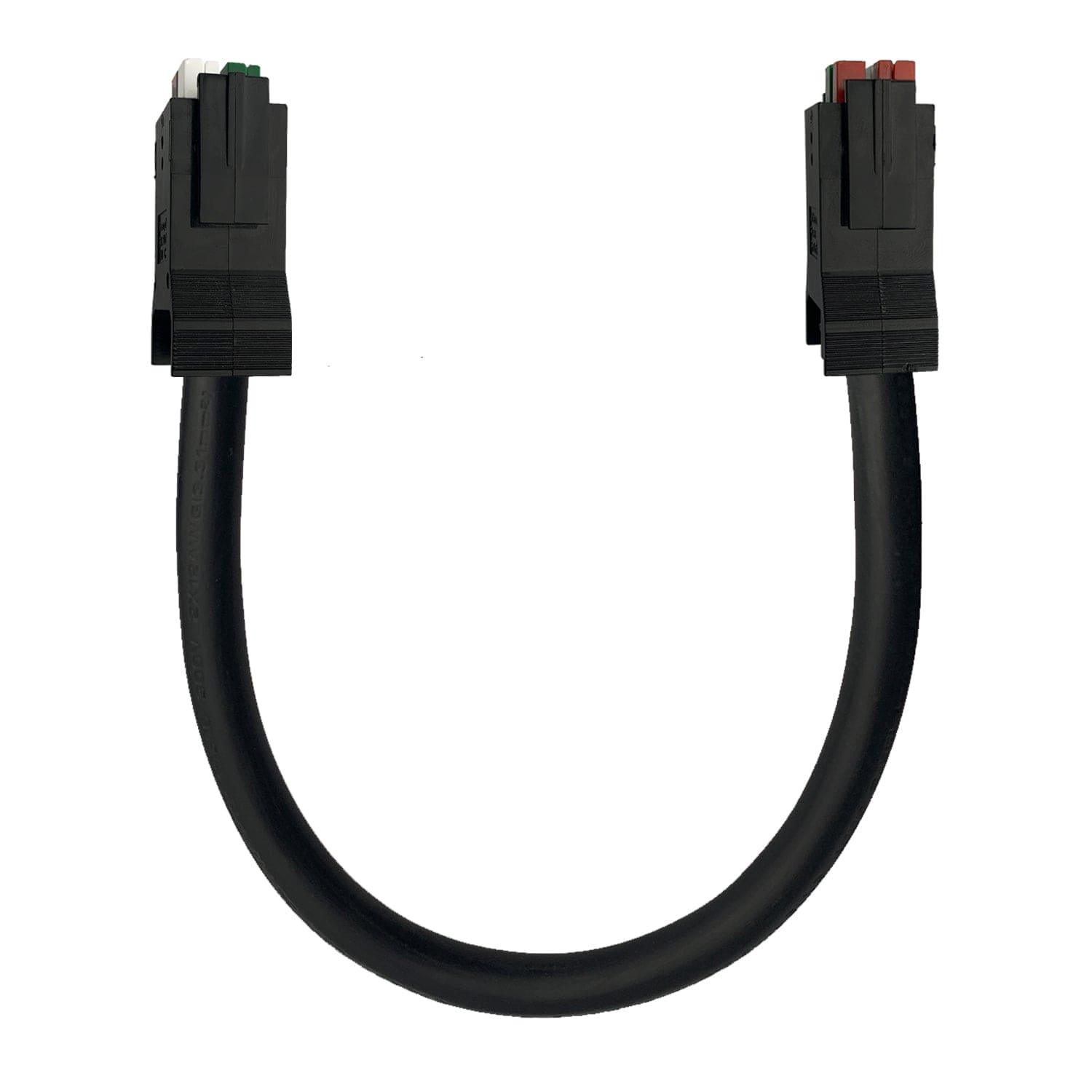 A black flexible electrical connector cable from Nature's Generator for portable power stations, featuring rectangular black plastic connectors—one with a green tip and one with a red tip—arranged in a U-shape.