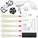 Nature's Generator wind turbine kit components are displayed on a white background: turbine body, five cream blades with red tips, mounting hardware, wrenches, cables, manual, and small parts—perfect for portable power stations or home battery backups.