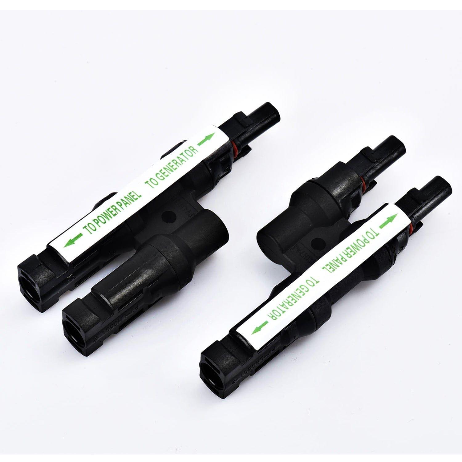 Two black Nature's Generator MC4 electrical connectors with white labels and green arrows reading "TO GENERATOR" and "TO GENERATOR PANEL," pointing in opposite directions, are shown on a white background.