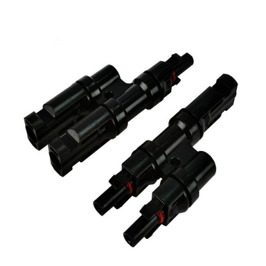 Two black plastic MC4 branch connectors by Nature's Generator, with multiple plug ends, are typically used for parallel wiring of solar panels. They feature locking mechanisms and red sealing rings on some ends.