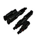 Two black plastic MC4 branch connectors by Nature's Generator, with multiple plug ends, are typically used for parallel wiring of solar panels. They feature locking mechanisms and red sealing rings on some ends.