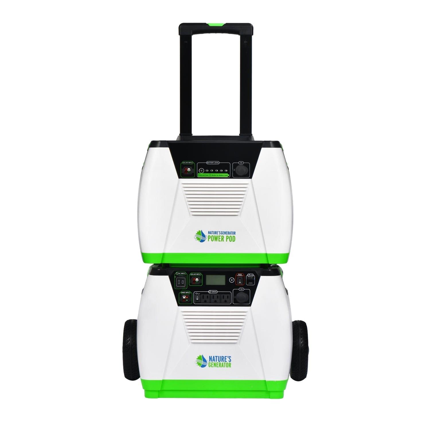 Two Nature’s Generator portable power units, white and green with black handles and wheels, are stacked. Perfect for home battery backup, the top unit shows indicator lights; the bottom features various power outlets and input ports.