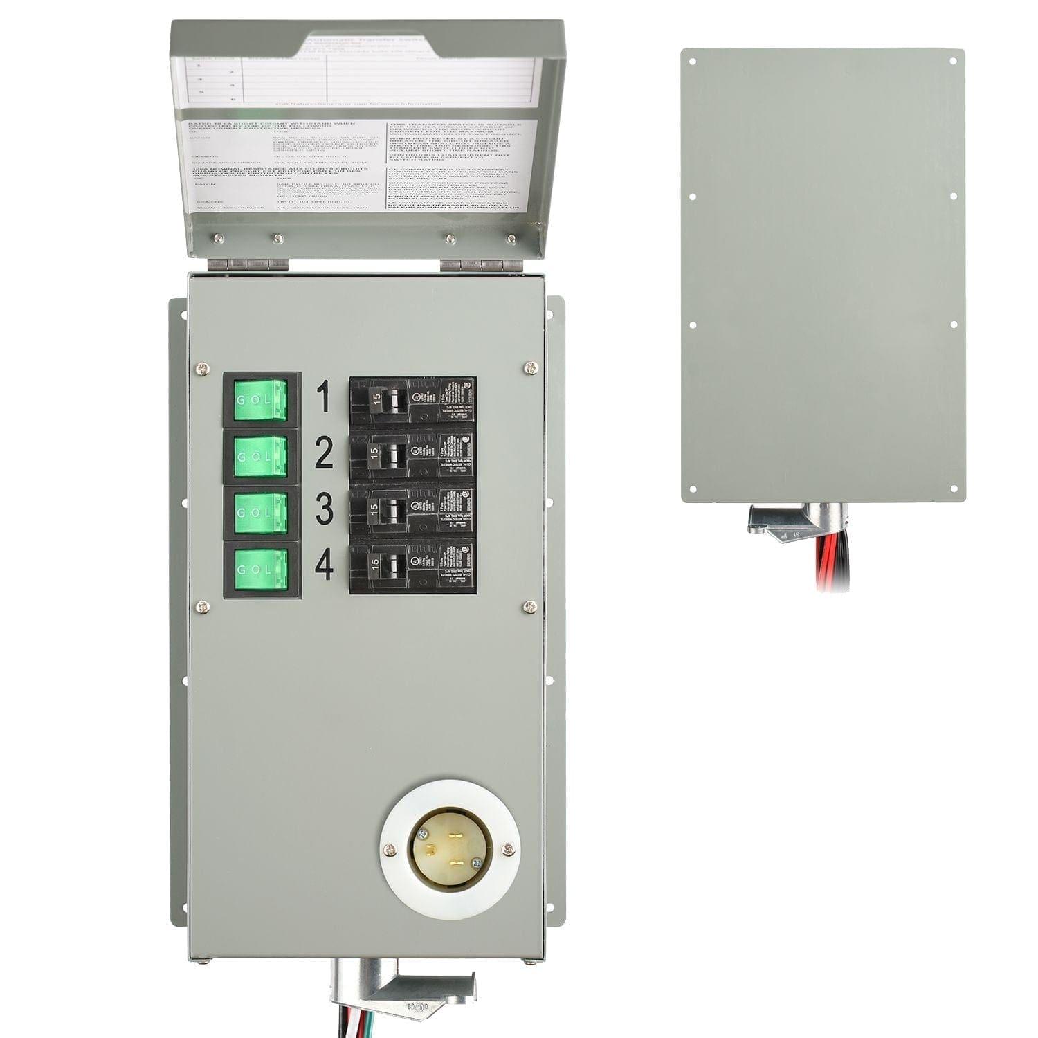 The Nature's Generator gray electrical transfer switch box is perfect for home battery backup or an 1800-watt solar generator, featuring four green switches (labeled 1–4), four black circuit breakers, a round bottom outlet, and a detached gray cover.