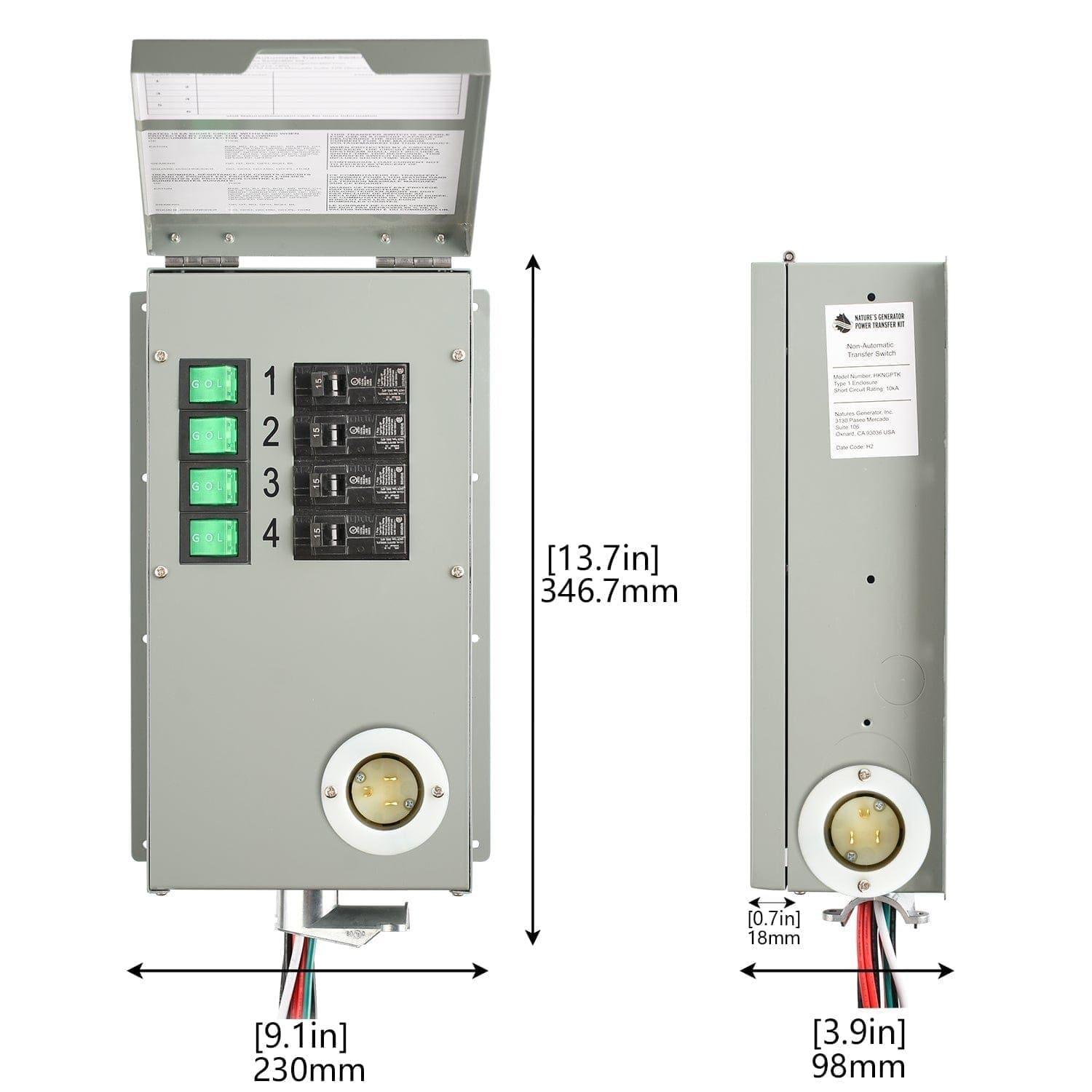 A Nature's Generator gray electrical transfer switch box for home battery backup is shown in front and side views, with labeled switches, circuit breakers, and measurements for height, width, and depth in inches and millimeters.