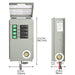 A Nature's Generator gray electrical transfer switch box for home battery backup is shown in front and side views, with labeled switches, circuit breakers, and measurements for height, width, and depth in inches and millimeters.