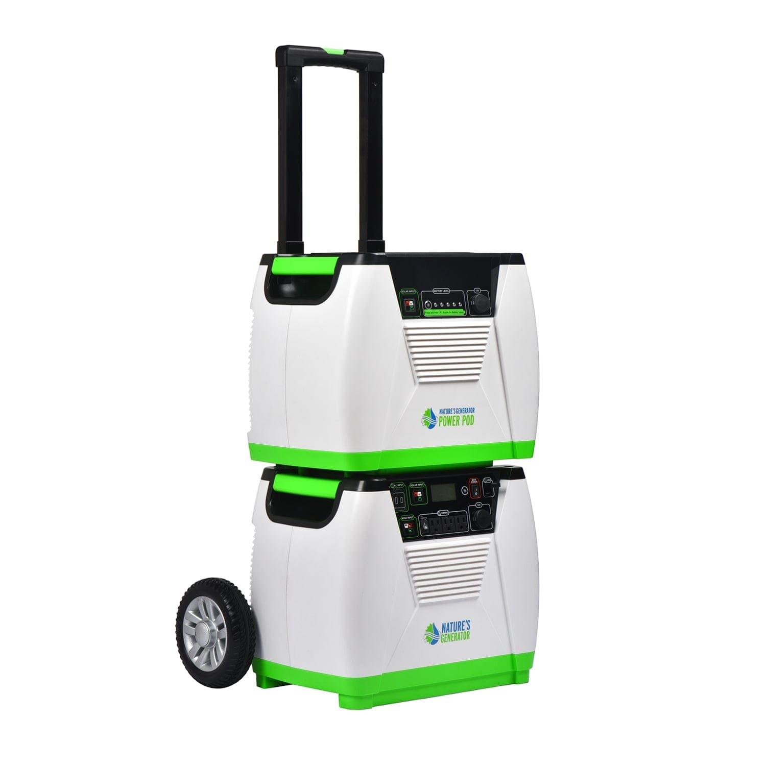 Two stacked Nature's Generator portable power stations with handles, wheels, digital displays, and buttons are shown on a white background. These 1800 watt solar generators provide reliable home battery backup.
