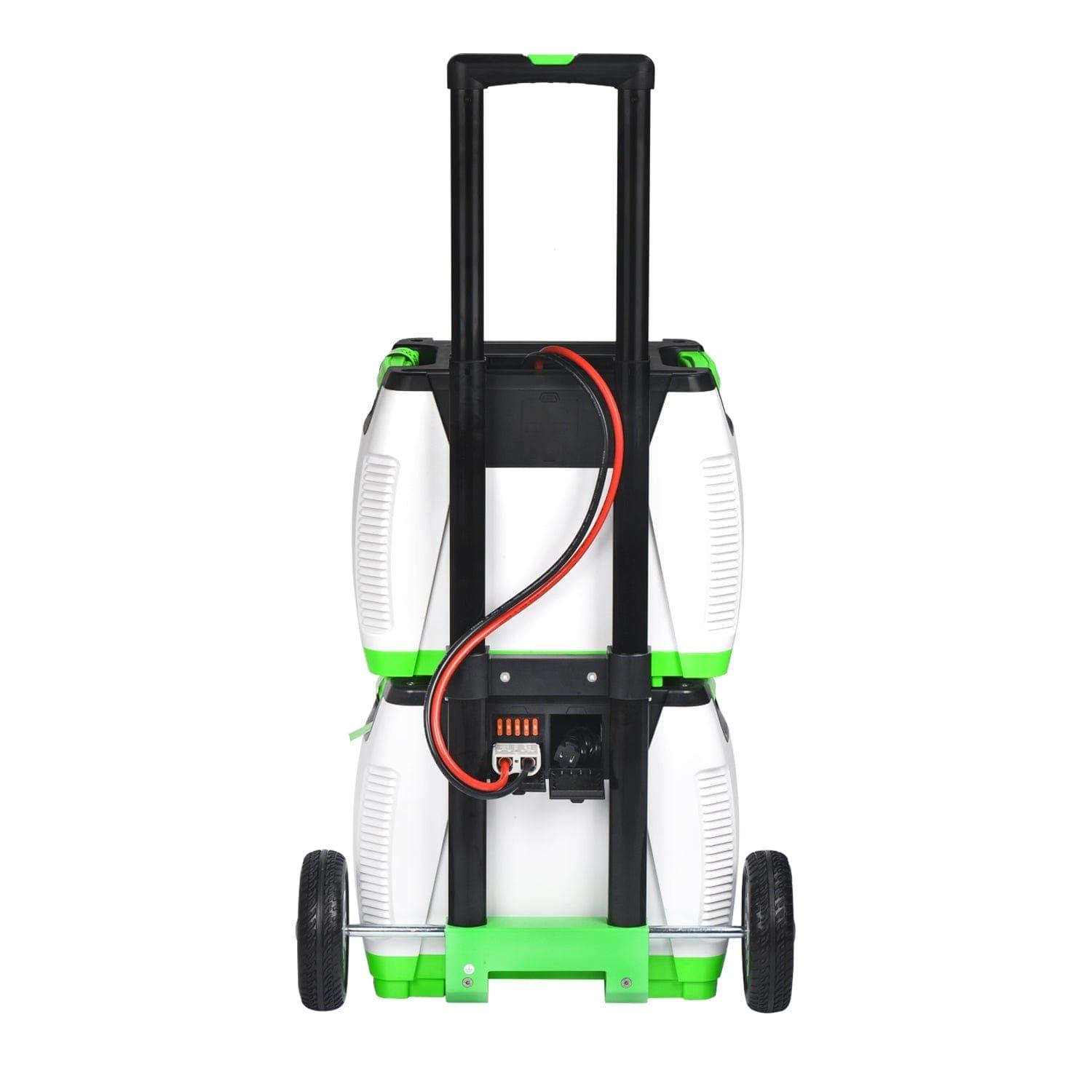 The Nature’s Generator is a white and green portable 1800W solar generator with two large wheels, a black telescopic handle, and an attached red cable. Its back panel features control buttons and input ports—an eco-friendly energy solution.