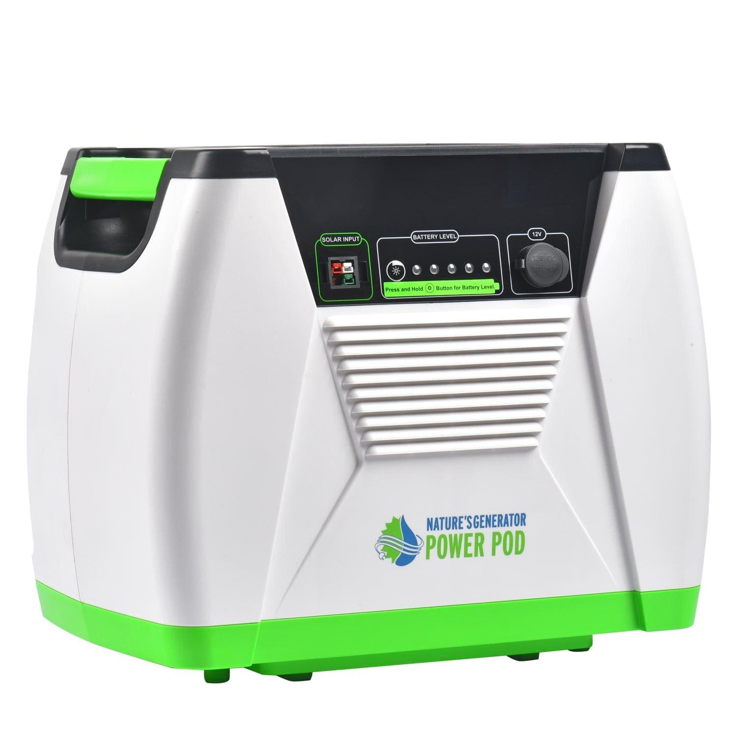 The Nature's Generator Power Pod is a white and green portable battery unit with a control panel, button, display, ports on the front, and a top left handle. Ideal for solar panels, it’s made by Nature's Generator.