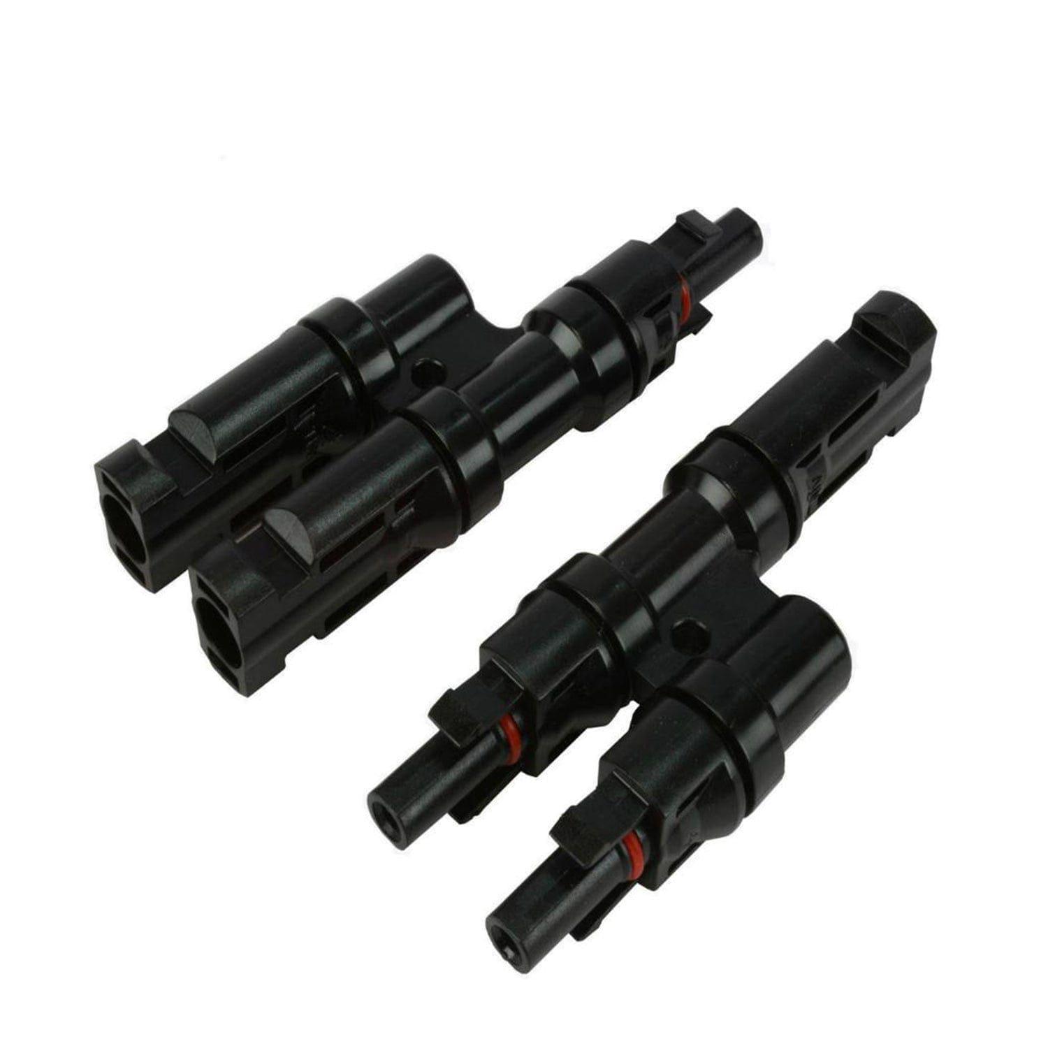 Two pairs of black plastic MC4 solar panel connectors from Nature's Generator, each with male and female terminals, compatible with the Nature's Generator Power Panel or any 100 Watt monocrystalline solar panel kit, shown on a white background.