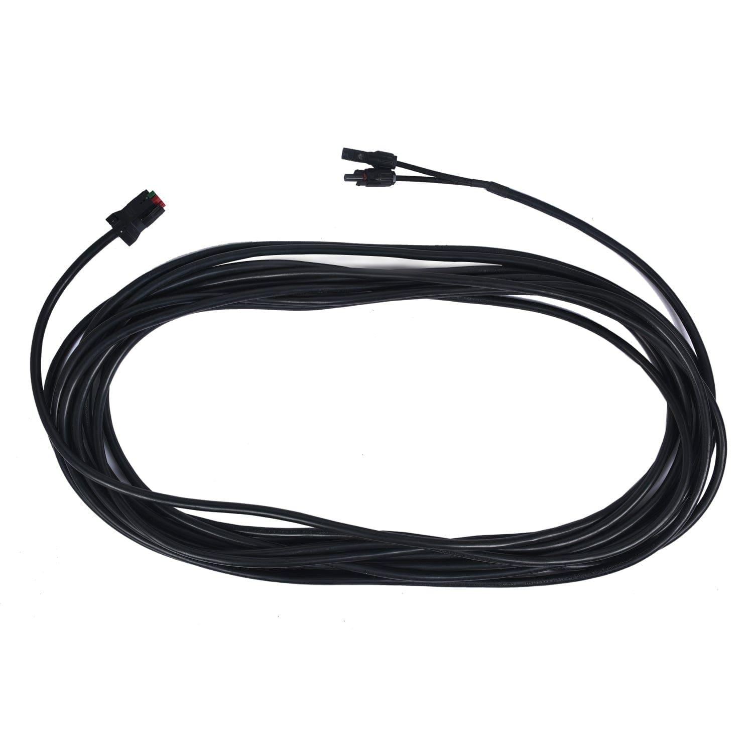 A coiled black electrical cable with connectors at both ends, by Nature's Generator, ideal for connecting a Power Panel or 100W monocrystalline solar panel, displayed on a white background.