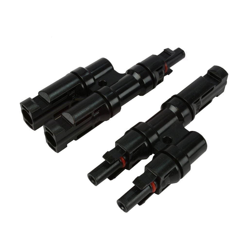 Two black plastic T-shaped electrical connectors by Nature's Generator, each with two input and one output terminal, ideal for 100W Monocrystalline solar panels, displayed on a white background.