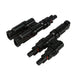 Two black plastic T-shaped electrical connectors by Nature's Generator, each with two input and one output terminal, ideal for 100W Monocrystalline solar panels, displayed on a white background.
