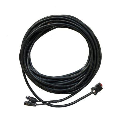 A coiled black electrical cable with connectors and plug at the ends, designed for use with Nature's Generator Power Panel or any 100W Monocrystalline solar panel kit, shown on a white background.