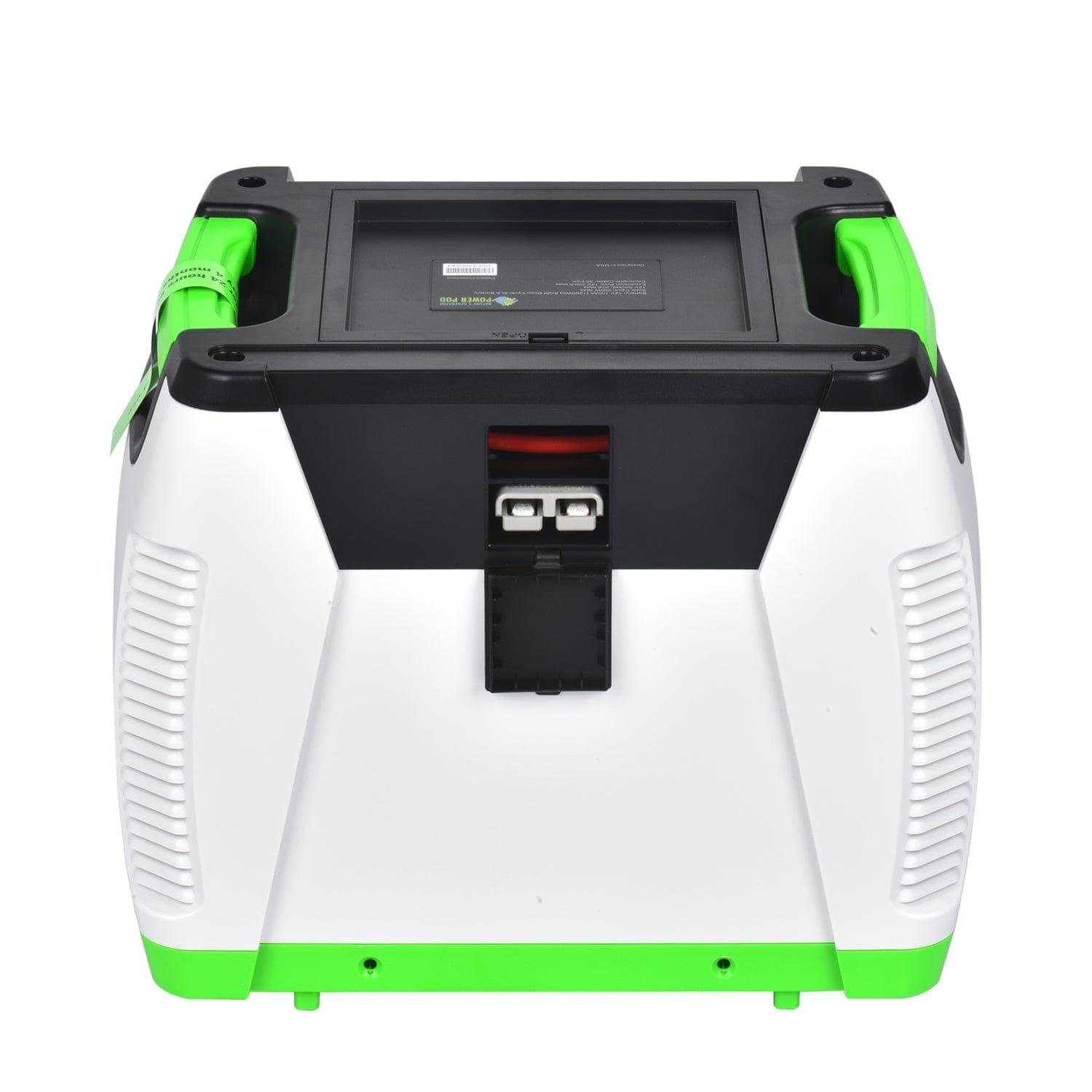 A close-up of the back of a Nature's Generator Power Pod by Nature's Generator shows its white and green exterior, black top, side handles, and visible power outlets or connectors, highlighting the solar input for increased battery capacity.