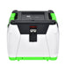 A close-up of the back of a Nature's Generator Power Pod by Nature's Generator shows its white and green exterior, black top, side handles, and visible power outlets or connectors, highlighting the solar input for increased battery capacity.