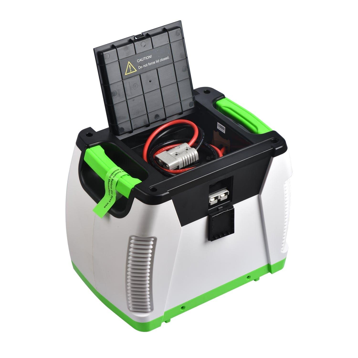 Nature's Generator Power Pod is a portable power station with a gray and green plastic exterior, flip-top lid with red and black cables inside, a caution label on the lid, and solar input compatibility for charging.