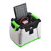 Nature's Generator Power Pod is a portable power station with a gray and green plastic exterior, flip-top lid with red and black cables inside, a caution label on the lid, and solar input compatibility for charging.