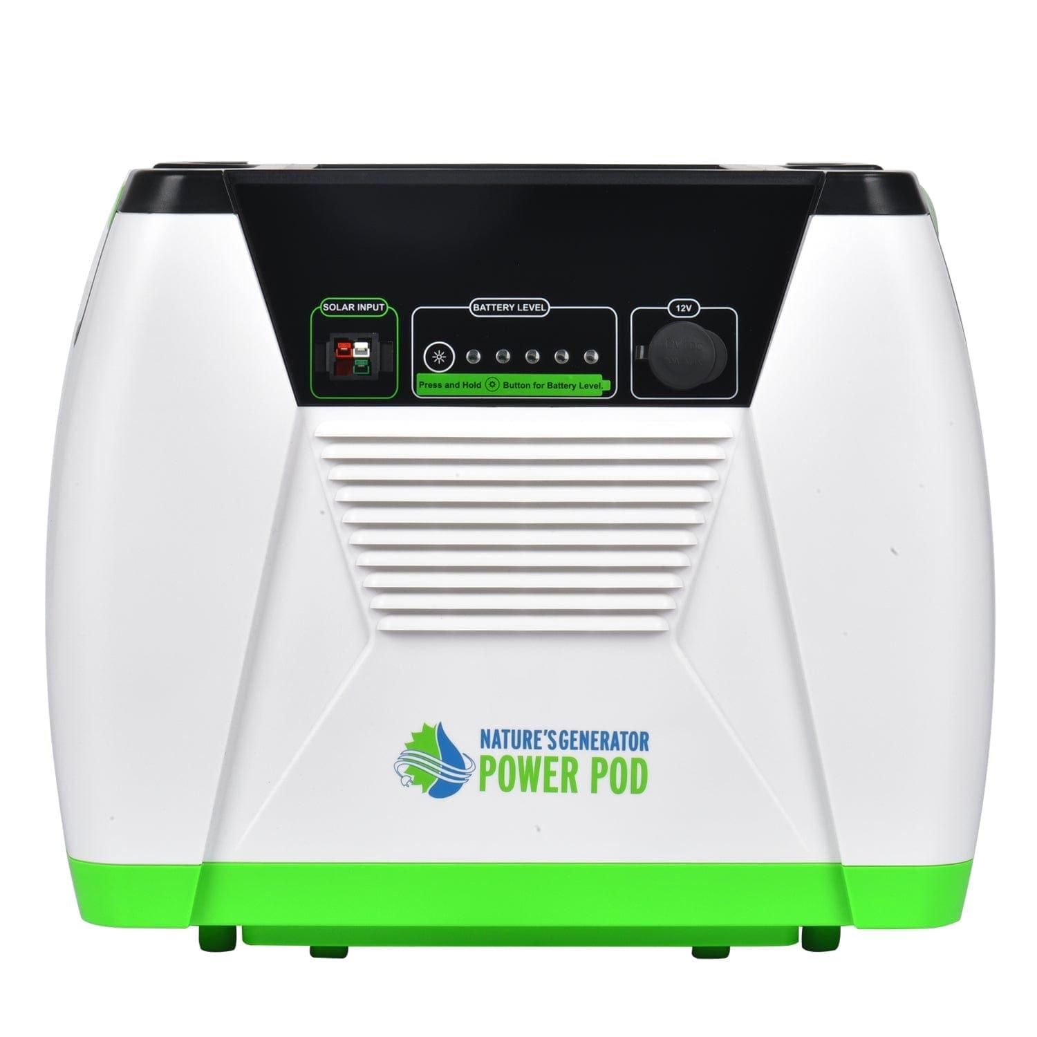 A white and green Nature’s Generator portable power pod with indicator lights, a toggle switch, a front panel knob, and solar input options to maximize battery capacity.
