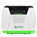 A white and green Nature’s Generator portable power pod with indicator lights, a toggle switch, a front panel knob, and solar input options to maximize battery capacity.