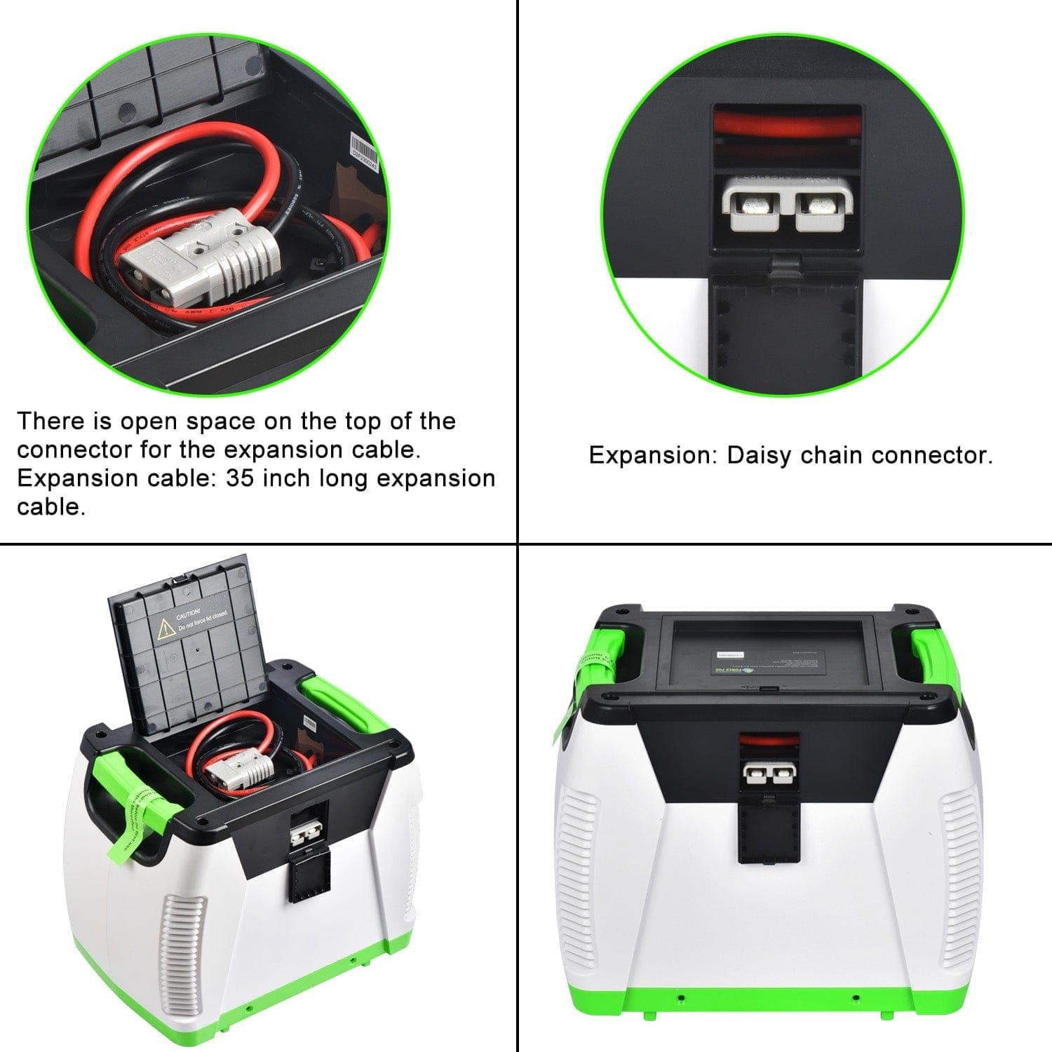 The Nature's Generator Power Pod, by Nature's Generator, is shown from multiple angles with its open compartment featuring an expansion cable, daisy chain connector, green handles, and labeled solar input on a sleek white and black body.