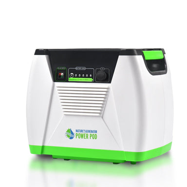 The white and green Nature's Generator Power Pod features control buttons, an input port for solar charging, indicator lights on the front panel, and a right-side handle for portability.