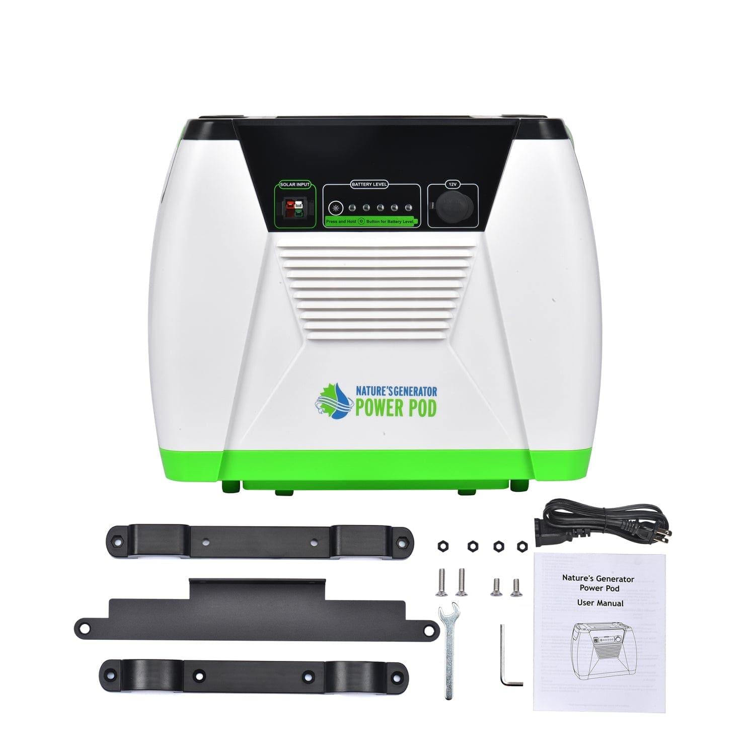 A Nature’s Generator Power Pod, featuring a green and white casing, is shown with black mounting brackets, hardware, a power cord, and a user manual—accessories that increase battery capacity and solar input for your Nature’s Generator setup.