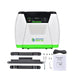 A Nature’s Generator Power Pod, featuring a green and white casing, is shown with black mounting brackets, hardware, a power cord, and a user manual—accessories that increase battery capacity and solar input for your Nature’s Generator setup.
