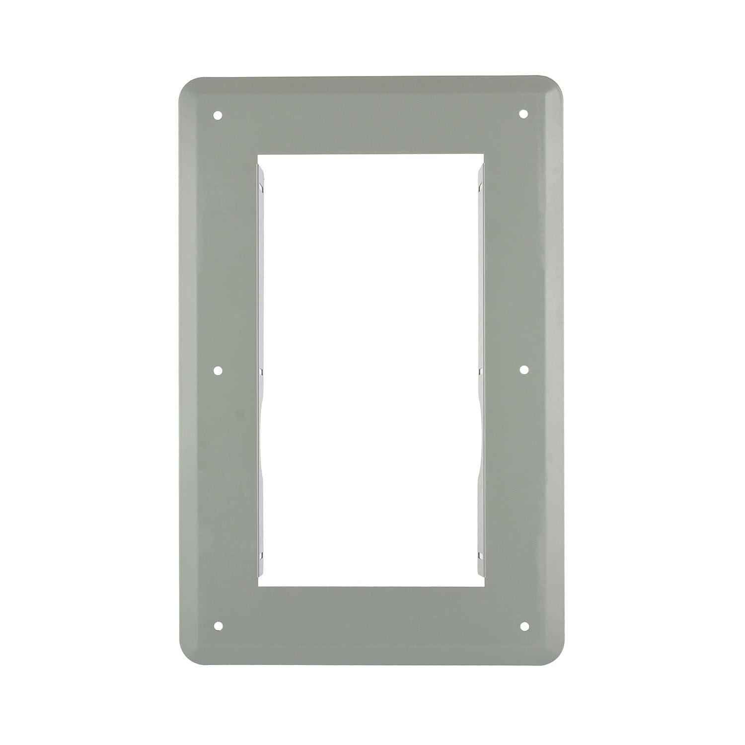 A rectangular gray metal wall plate cover by Nature's Generator with a large central cutout and six screw holes, designed for flush mounting around electrical boxes, power transfer switches, or similar devices.