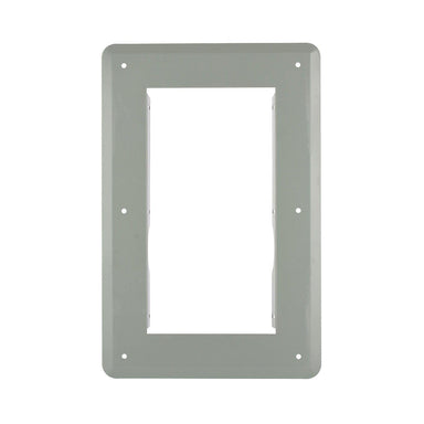 A rectangular gray metal wall plate cover by Nature's Generator with a large central cutout and six screw holes, designed for flush mounting around electrical boxes, power transfer switches, or similar devices.