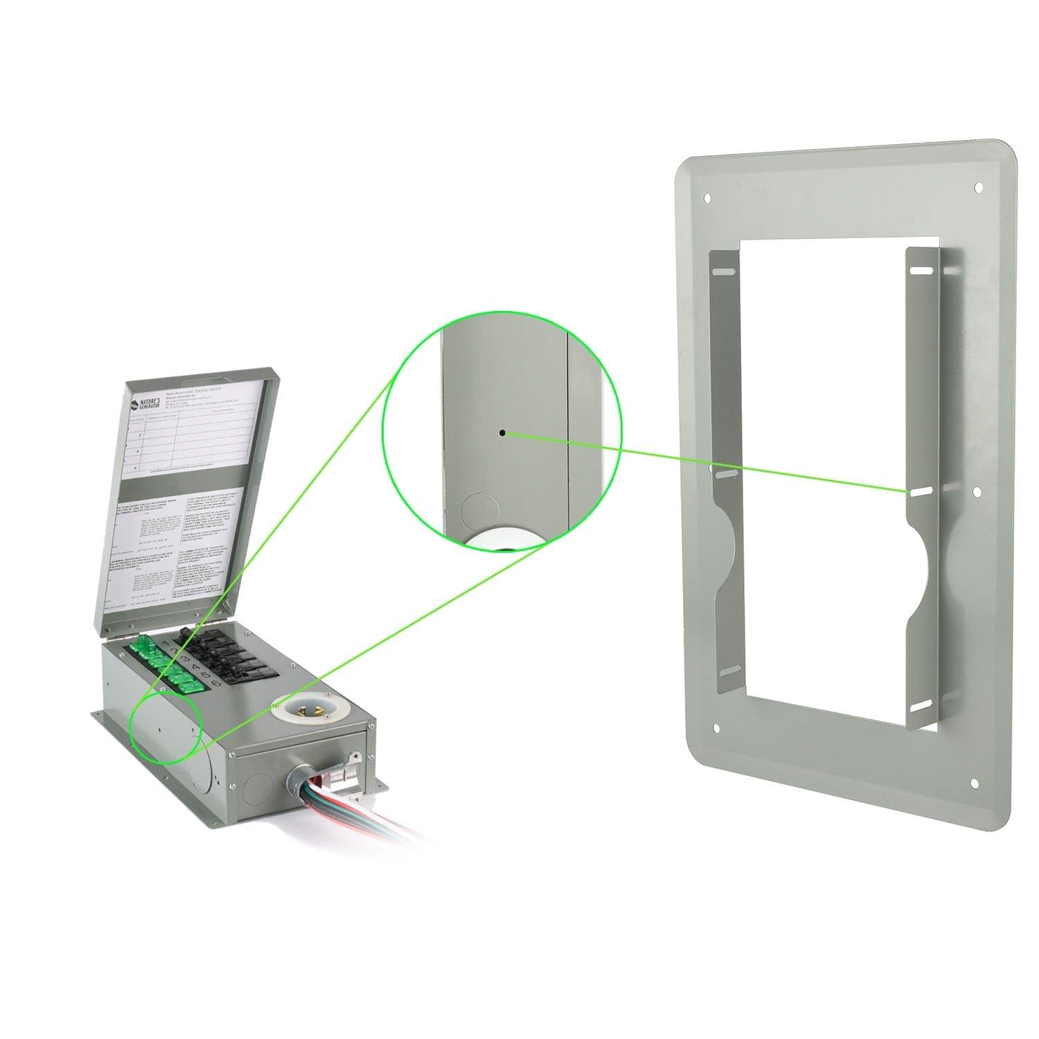 On the left, a Nature's Generator metal electrical box with its lid open is connected by cables. On the right, a flush mount installation bracket is shown, highlighting a screw hole with a zoomed-in view.