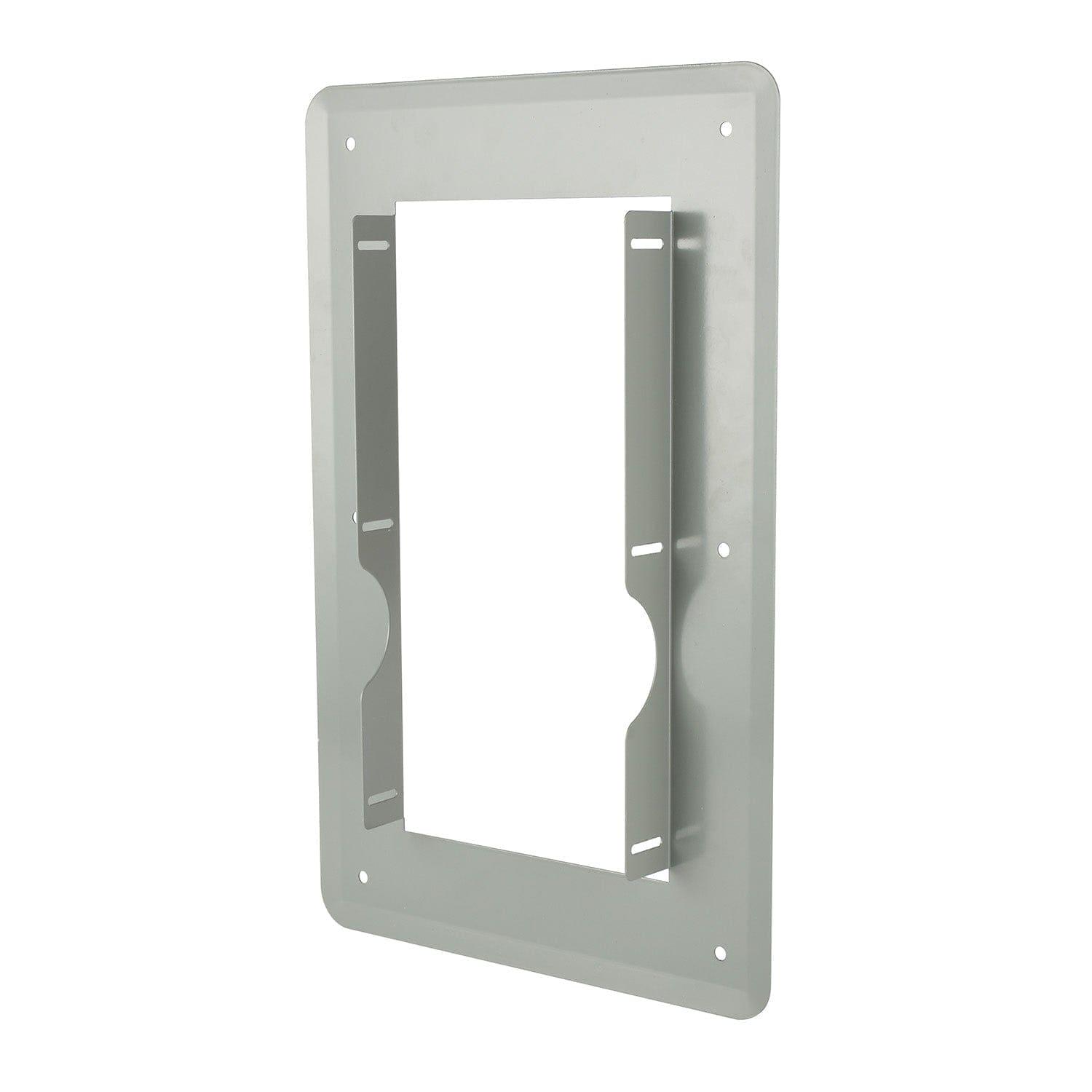 The Nature's Generator gray metal wall mounting bracket has a rectangular shape with rounded corners, a central open space, multiple screw holes, and vertical support bars—ideal for flush-mount electrical panel installation.