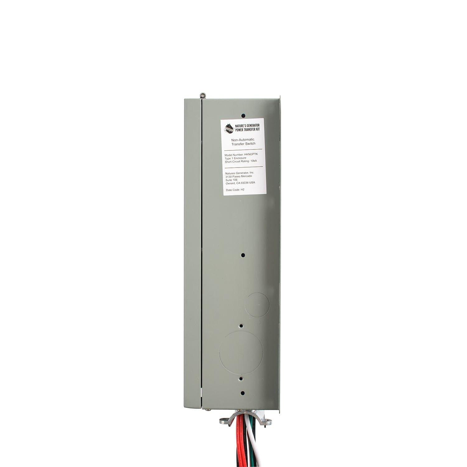 A Nature's Generator gray 120V electrical panel box, labeled on the front, has wiring at the bottom. This 4-circuit transfer switch kit is shown against a plain white background.