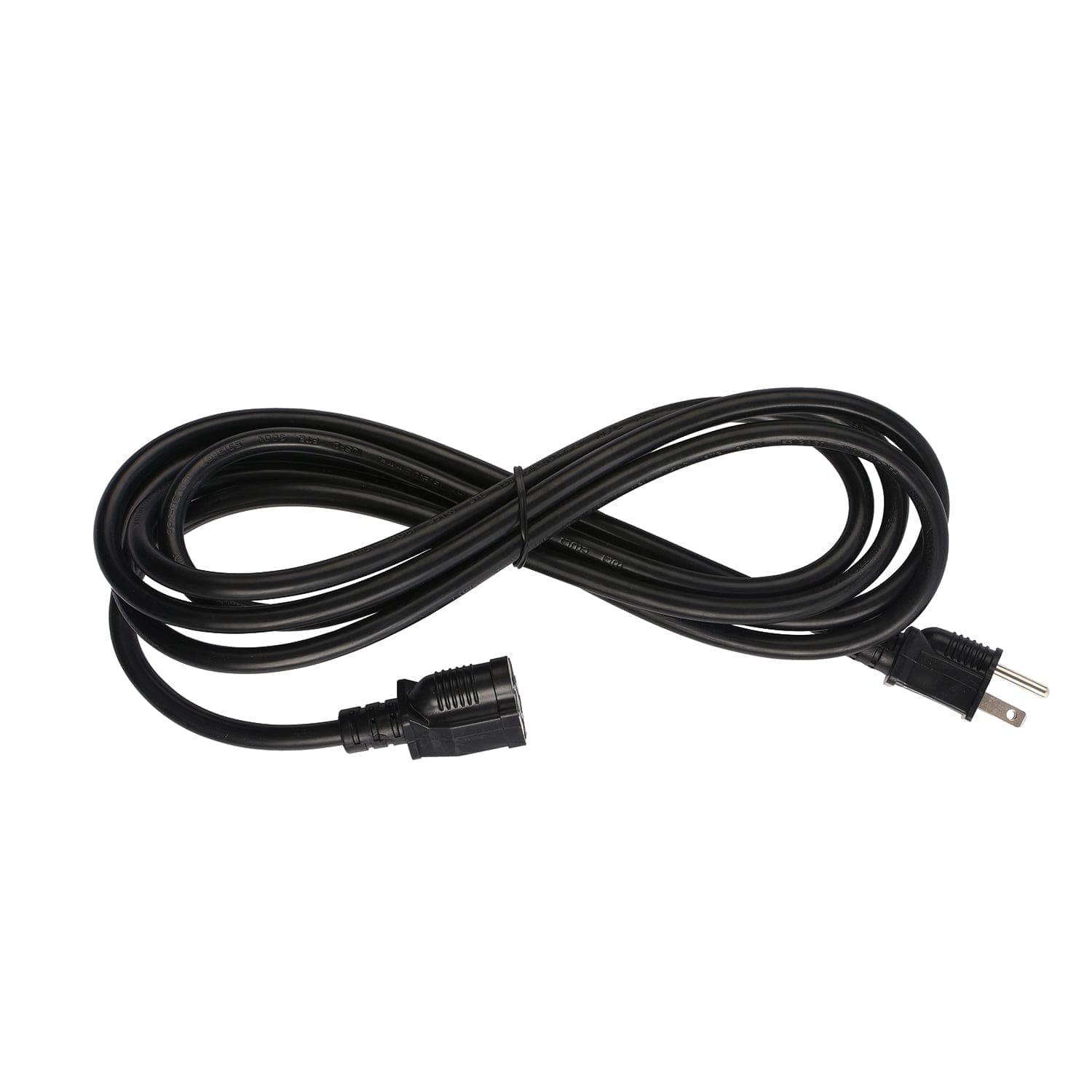 A coiled black Nature's Generator power extension cord with a three-prong plug and socket, designed for 4 Circuits transfer switch kits and suitable for 120V use, is shown on a white background.