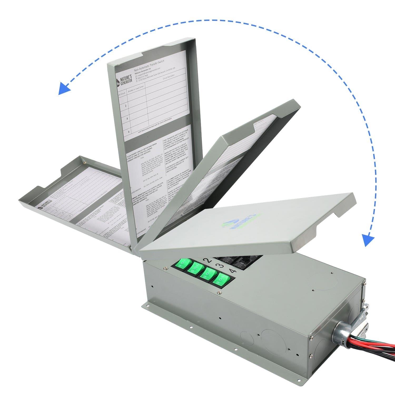 A Nature's Generator metal electrical control box for a 4-circuit, 120V transfer switch kit is shown with its hinged lid in three open positions, diagram prints inside, labeled green buttons, attached wiring, and blue arrows showing lid movement.