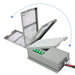 A Nature's Generator metal electrical control box for a 4-circuit, 120V transfer switch kit is shown with its hinged lid in three open positions, diagram prints inside, labeled green buttons, attached wiring, and blue arrows showing lid movement.
