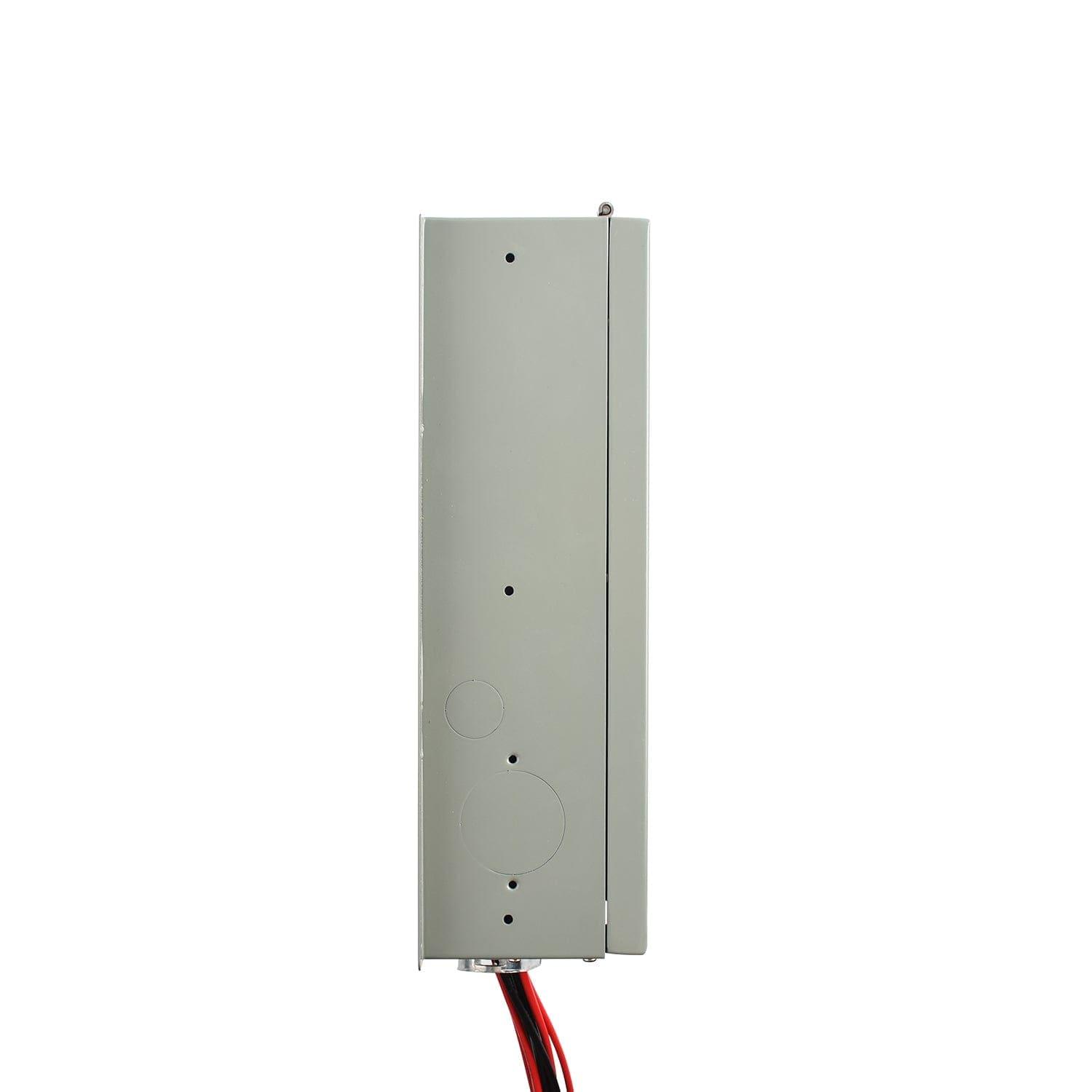 A gray metal Nature's Generator electrical box, designed for 120V use with circular indentations and holes, features black and red wires—ideal as a Transfer Switch Kit for up to 4 circuits—shown against a plain white background.