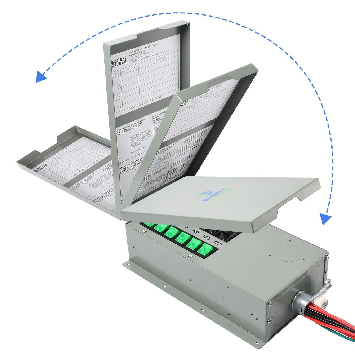A Nature's Generator metal electrical box features labeled green switches and flip-up lids with wiring diagrams in open positions. A blue dashed arrow shows movement. Includes a 30 Amp generator transfer switch kit, wires visible on right side.