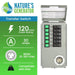 A Nature's Generator transfer switch kit features six labeled breakers, a circular L5-30P inlet, and an open lid. It supports 120V, 30A, works with Elite models, and comes in a green and gray design. Brand: Nature's Generator.