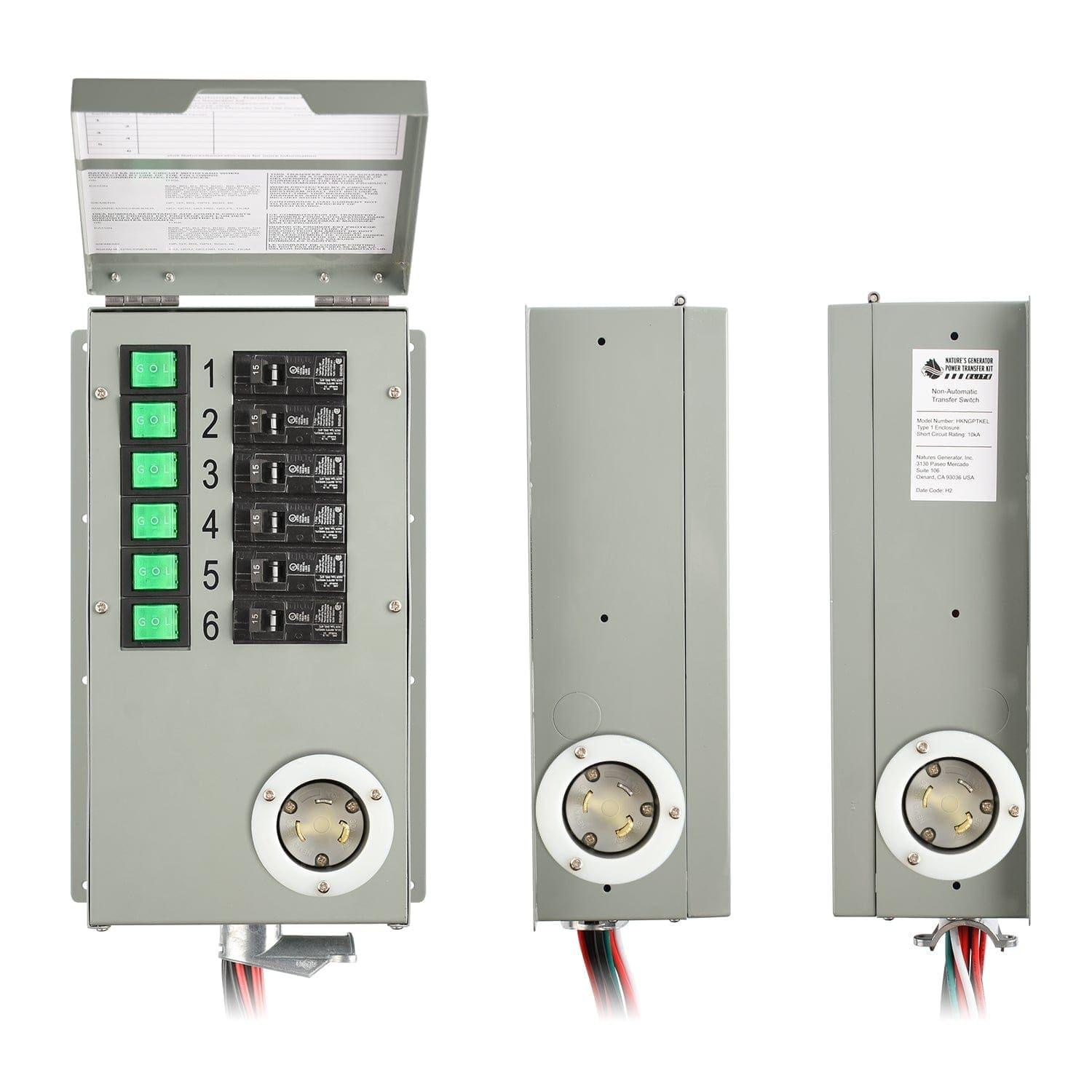 A Nature's Generator transfer switch kit box in gray is shown from three angles: the front with labeled switches and fuses, and both sides displaying 30 Amp L5-30P Inlet circular outlets plus cables attached at the bottom.