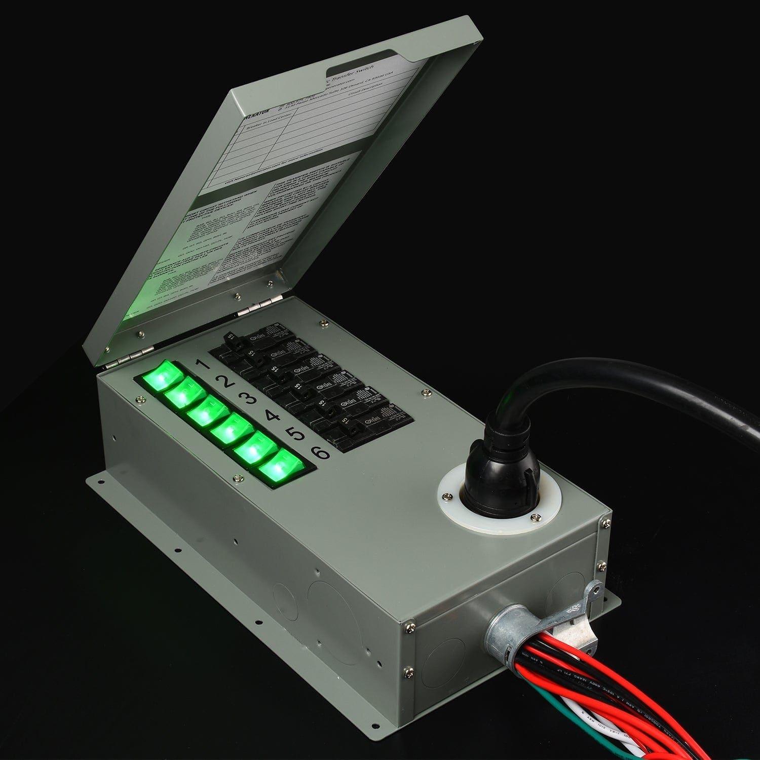 A Nature's Generator metal electrical box with a hinged lid is open, showing six illuminated green switches labeled 1–6. Multiple cables, including a 30 Amp L5-30P Inlet for a generator transfer switch kit, enter from the side and front.