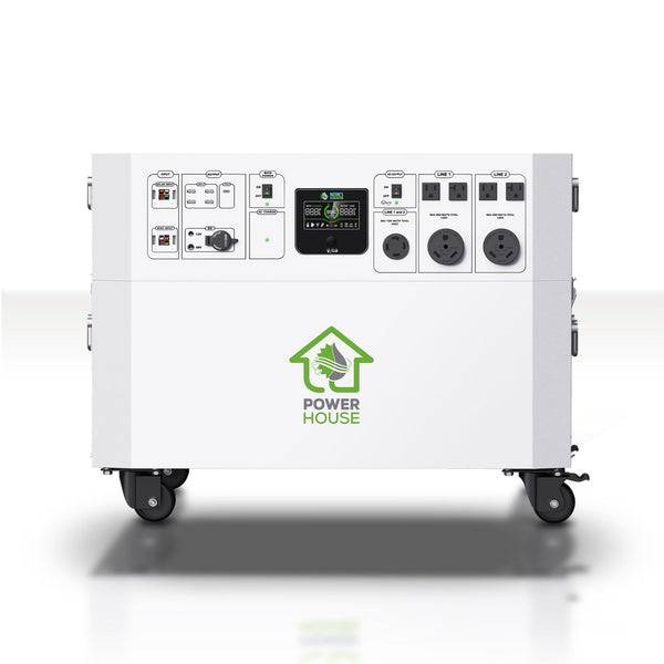 A white portable electric generator by Nature's Generator for home use, on wheels with multiple controls, sockets, digital display, and labeled "Power House" with a green logo—ideal as a reliable home battery backup solution.