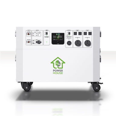 A white portable electric generator by Nature's Generator for home use, on wheels with multiple controls, sockets, digital display, and labeled "Power House" with a green logo—ideal as a reliable home battery backup solution.