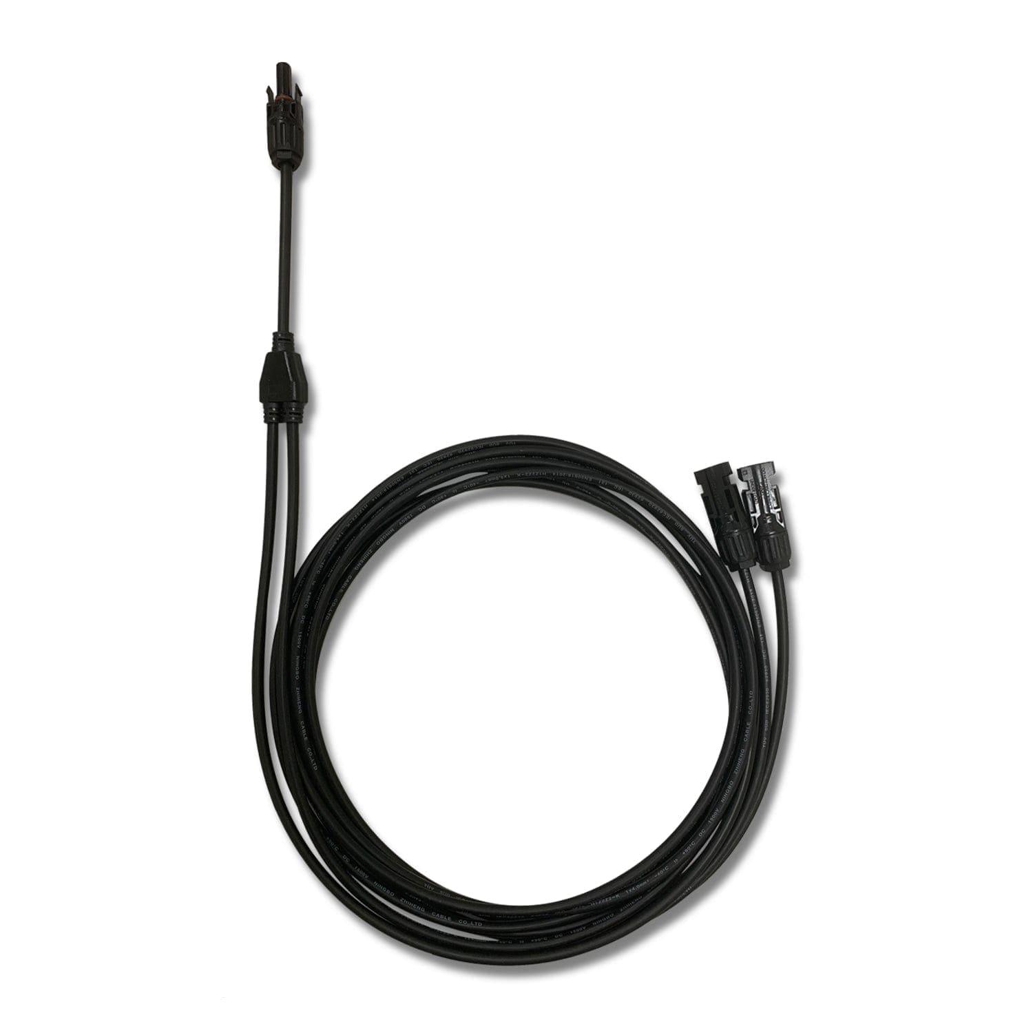 A coiled black electrical cable by Nature's Generator with branch cables and solar panel connectors—one end has a single connector, the other end features two connectors—displayed on a white background.