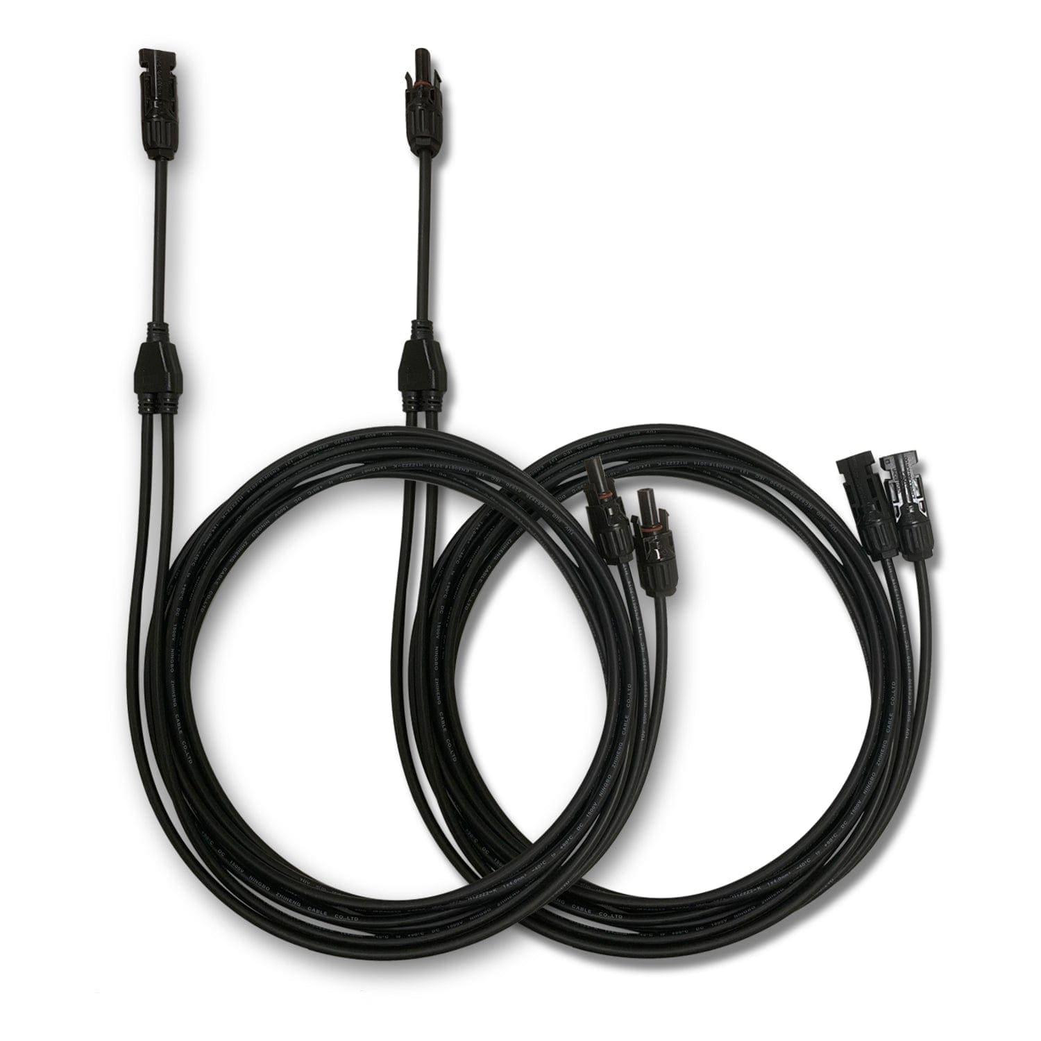 Two black solar extension cables by Nature's Generator with MC4 connectors on both ends, coiled side by side against a white background—perfect for use with Nature's Generator Powerhouse systems.