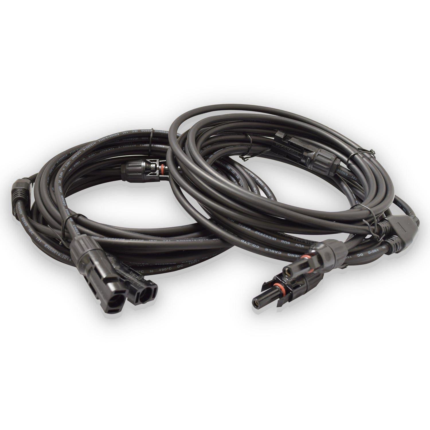 Two coiled black branch cables by Nature’s Generator, each with solar panel connectors on both ends, perfect for linking solar panels or Powerhouse equipment. Both new cables are shown side by side on a white background.