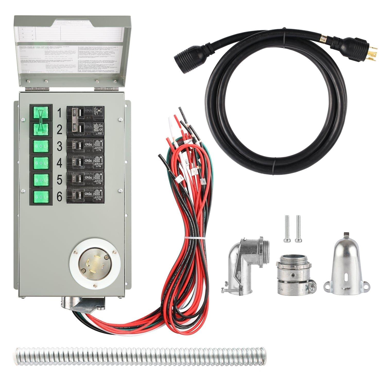 Nature's Generator whole house generator transfer switch kit with a gray metal switch box, green-labeled circuit switches, wiring, black power cable, conduit, and hardware—shown on a white background.