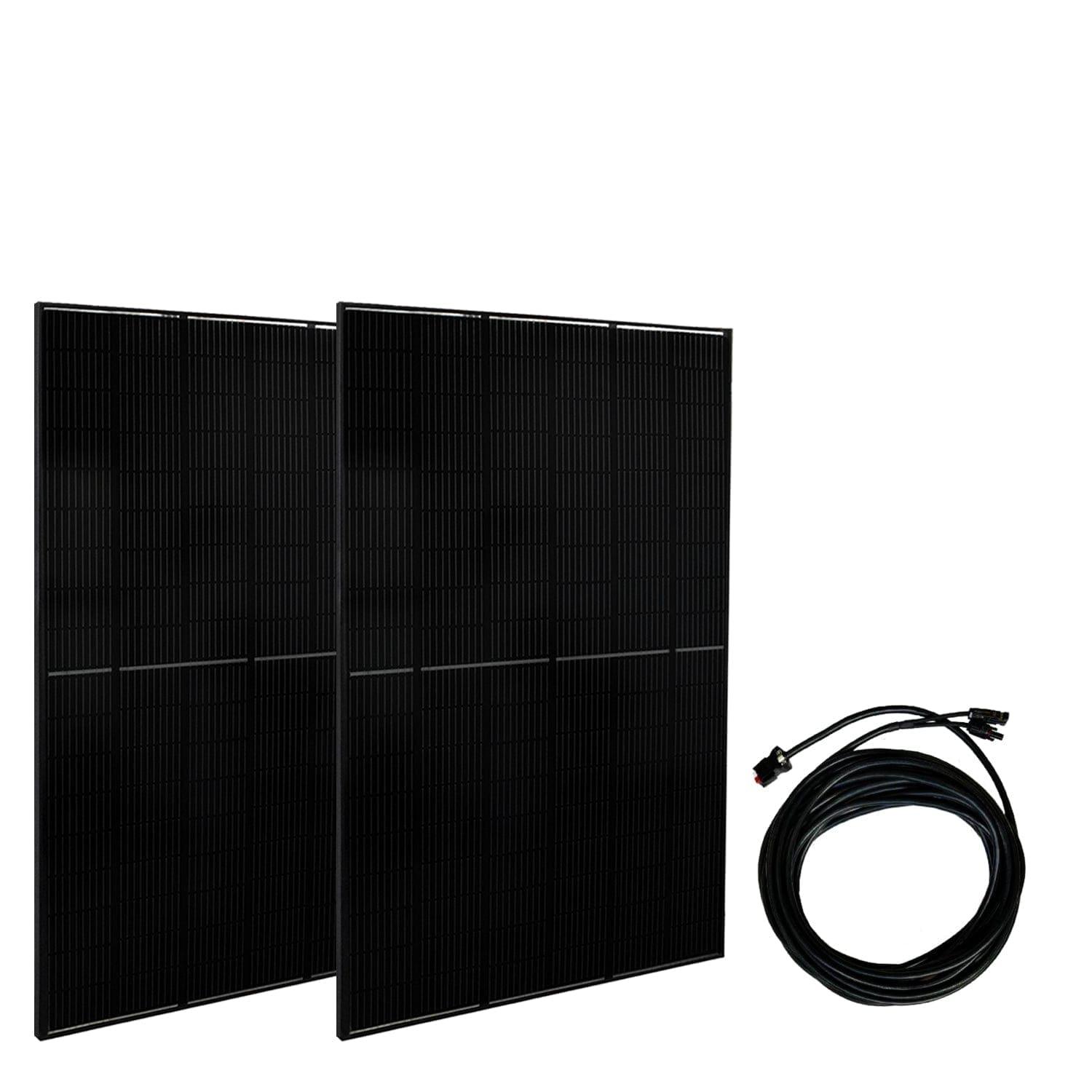 Two black rectangular Nature's Generator solar panels stand upright side by side, ideal for pairing with a home battery backup system. A coiled black cable with connectors lies next to them, all set against a plain white background.