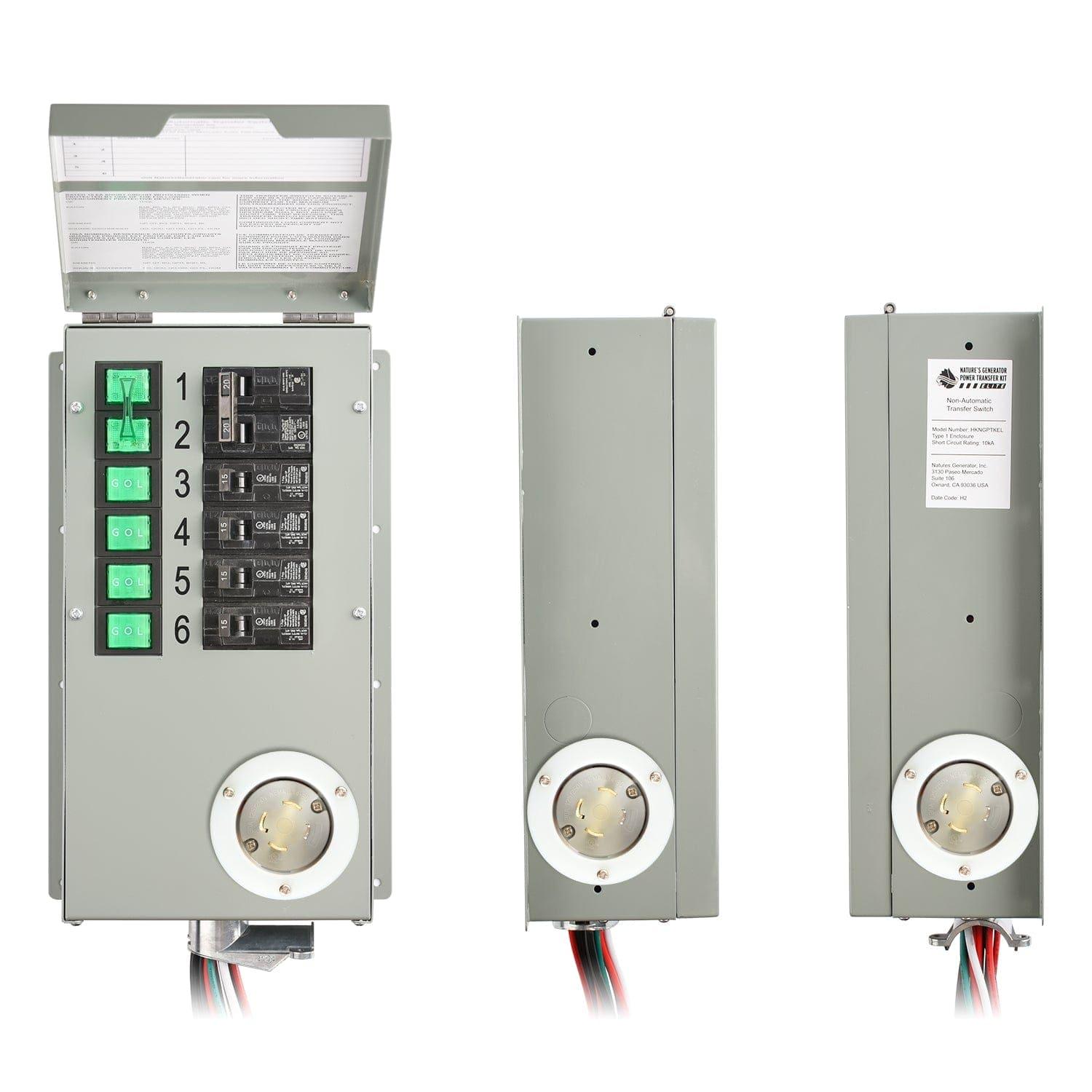 A Nature's Generator grey transfer switch box for whole house generators is pictured from three angles: the front has six numbered switches and outlets, while the sides feature circular power inlets and multi-colored wires.